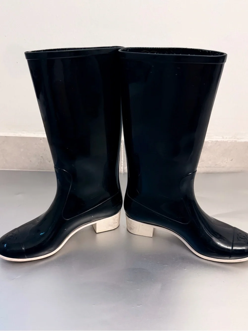 CHANEL Black Rain Boots with Black and White Camellia Details